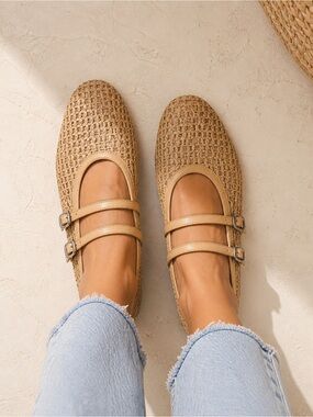 Madden NYC Woven Raffia Mary Jane Flats Tan Double Strap Size 8 NWOT